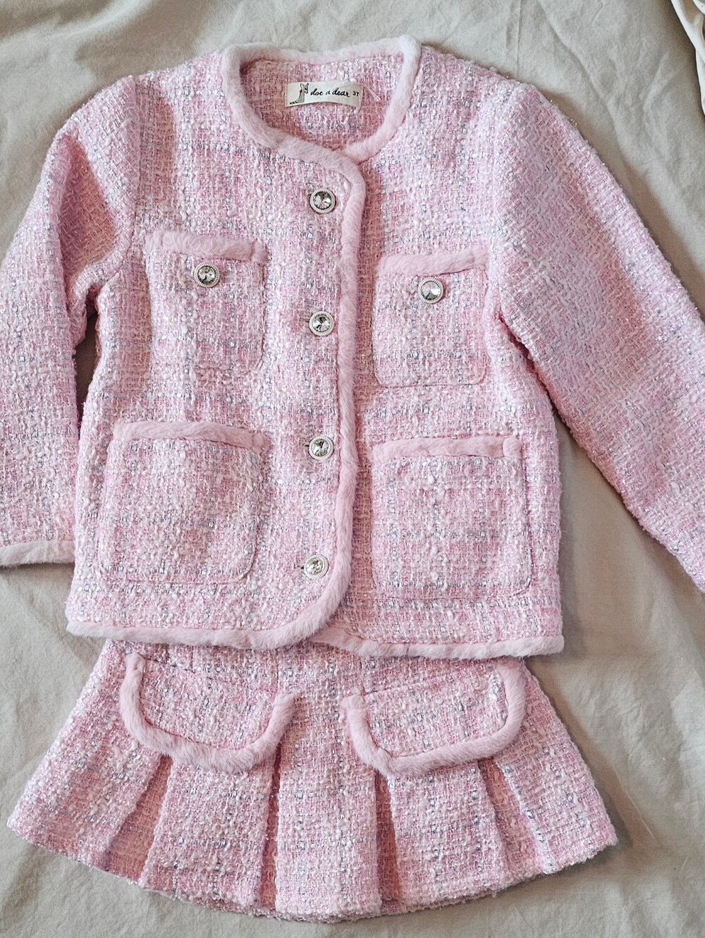 Doe A Dear Toddler Girls' Pink Tweed Suit Set - Jacket and Skirt 3T